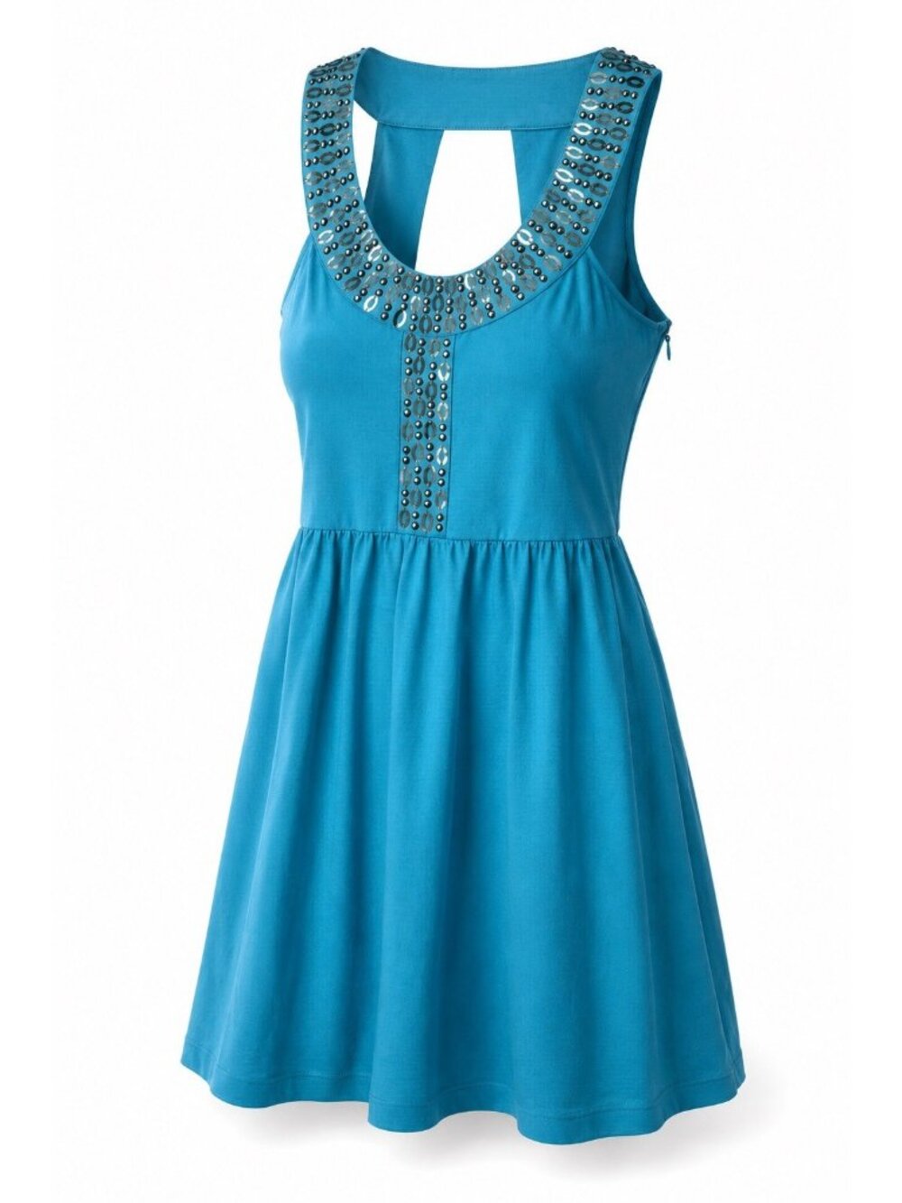 Kensie Womens 4 Teal Beaded Neck Keyhole Dress Sleeveless Fit Flare Stretch